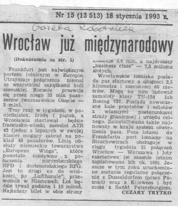 Równo 30 lat temu uruchomiono pierwsze międzynarodowe połączenie z Wrocławia